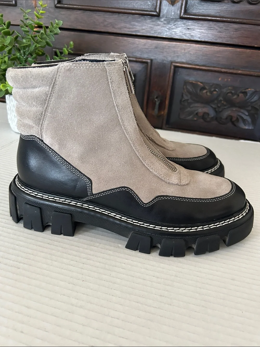 Marc Fisher Taupe Suede and Black Leather Lug-Zip Ankle Boots
